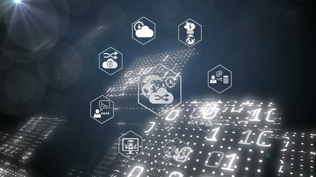 Animation of binary coding, network of connections with icons and cloud on blue background