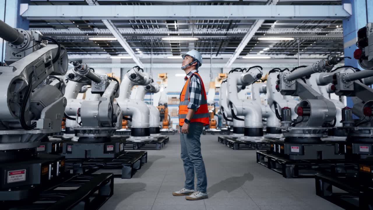 Engineer working in a factory with robotic arms