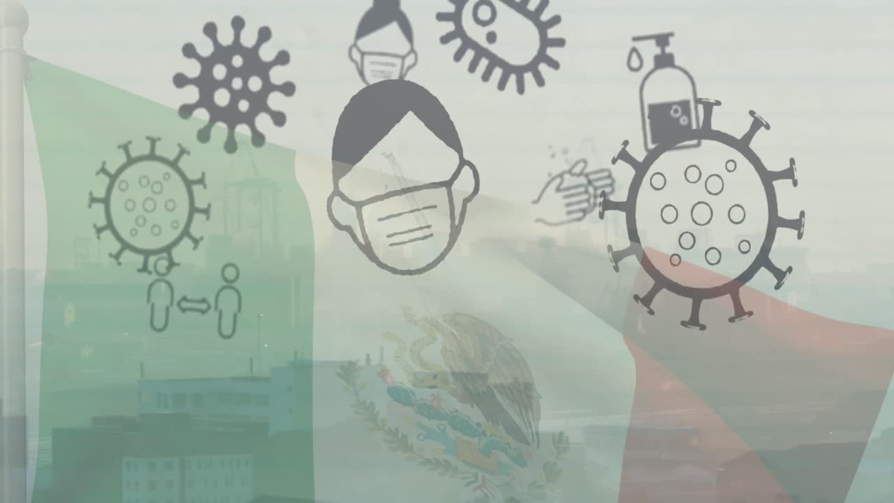 animación de los iconos del virus de la corona y la bandera de francia sobre el paisaje urbano