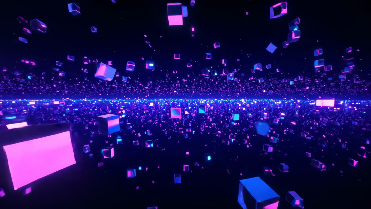 Gliding camera revealing floating neon cubes in void, simulating deep travel upon playback start
