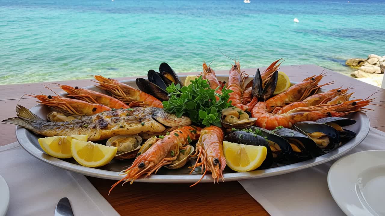 Exquisite Seafood Platter Featuring Grilled Fish, Succulent Shrimp, and Fresh Mussels Surrounded by Lemon Slices Against Stunning Ocean Backdrop