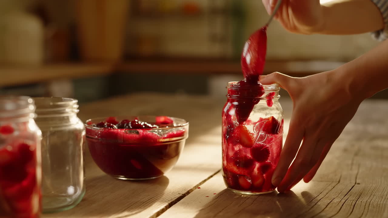 Geleia de morango sendo colocada com colher em um pote sobre uma mesa de madeira rústica em uma cozinha ensolarada, close-up de mãos preparando