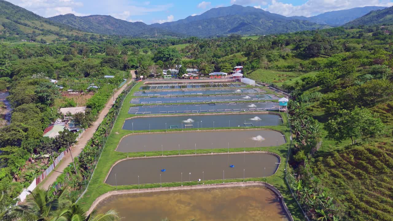 Fish farm in exotic landscape, aerial forward, concept animal suffering in aquaculture