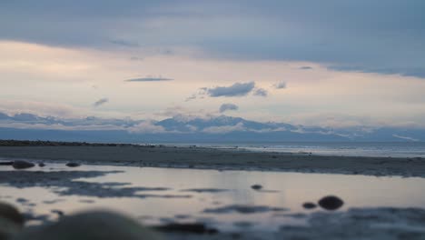 waves crashing at a distance on pacific coast beach at sunset