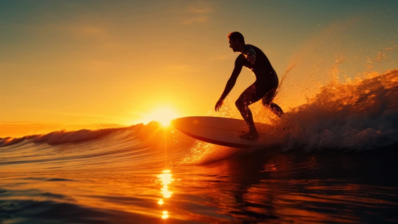 Silhouette of a surfer riding a wave at sunset, captured from a low angle