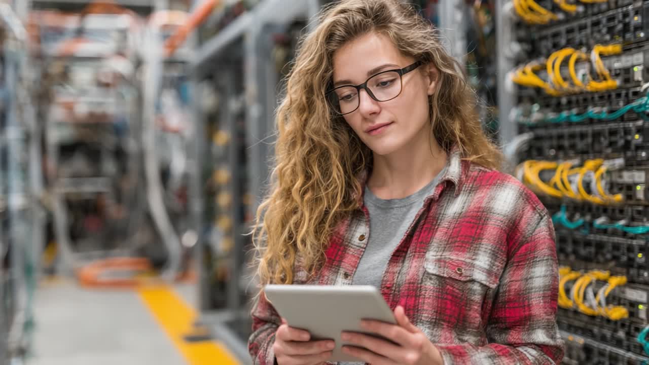 Focused Technician Reviewing Data on Tablet in Server Room Amidst High-Tech Equipment and Networking Cables, Balancing Professionalism and Casual Style