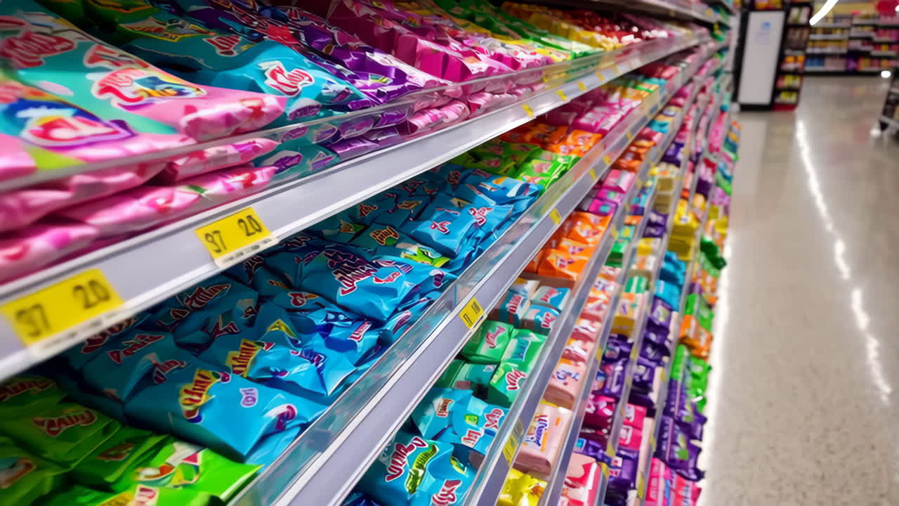 Colorful packaged snacks on display shelves in a supermarket aisle