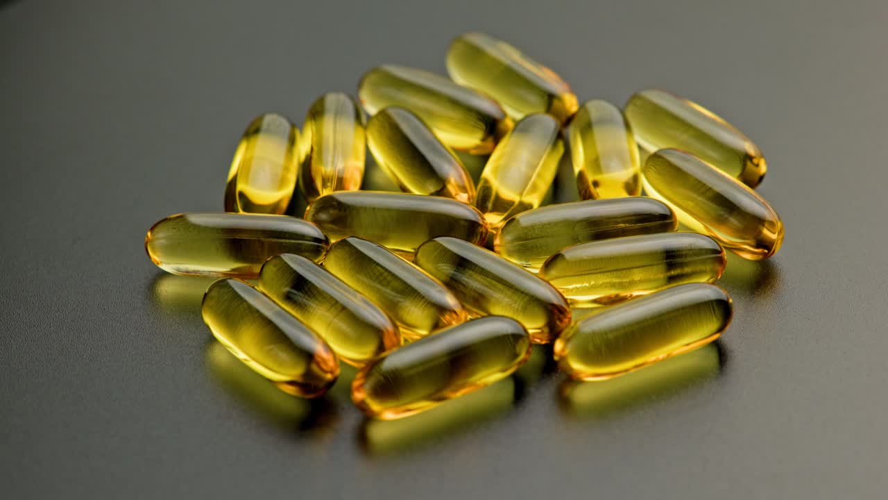 grupo de pastillas transparentes doradas con medicamento líquido girando en la superficie negra