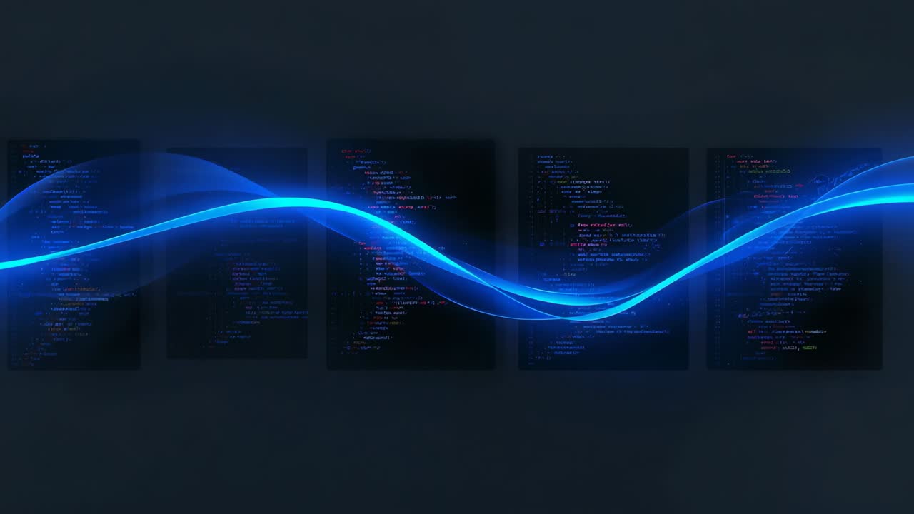 Entering from left, neon-blue ribbon moving across dark gallery wall, illuminating five code panels