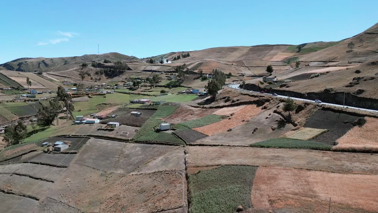 Drone footage of colorful fields in Ecuador, going to Cuenca