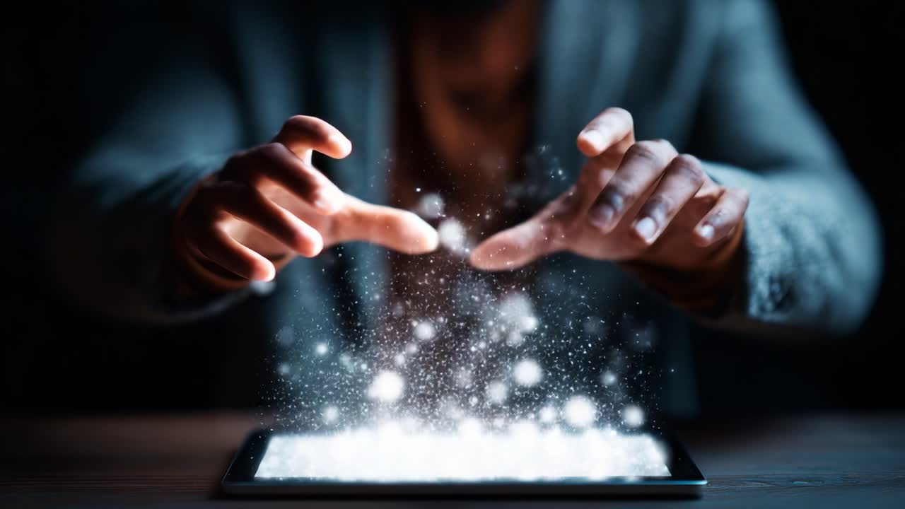 Una misteriosa interazione con particelle digitali: mani che manipolano con grazia lo schermo di un tablet, creando un incantevole contenuto visivo di luce ed energia in un ambiente buio