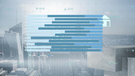 Animation-of-blue-chart-processing-data-and-energy-icons-over-cityscape