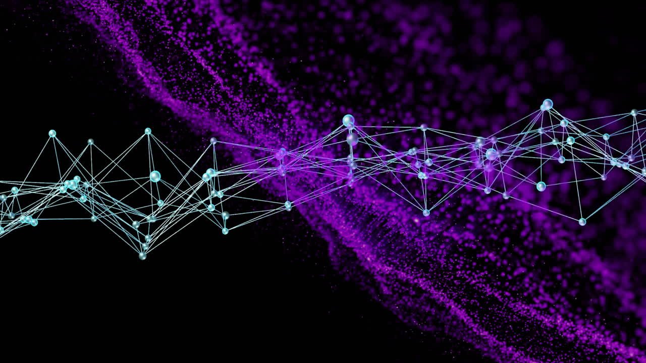 Network of connections and data processing animation over purple particles on black background