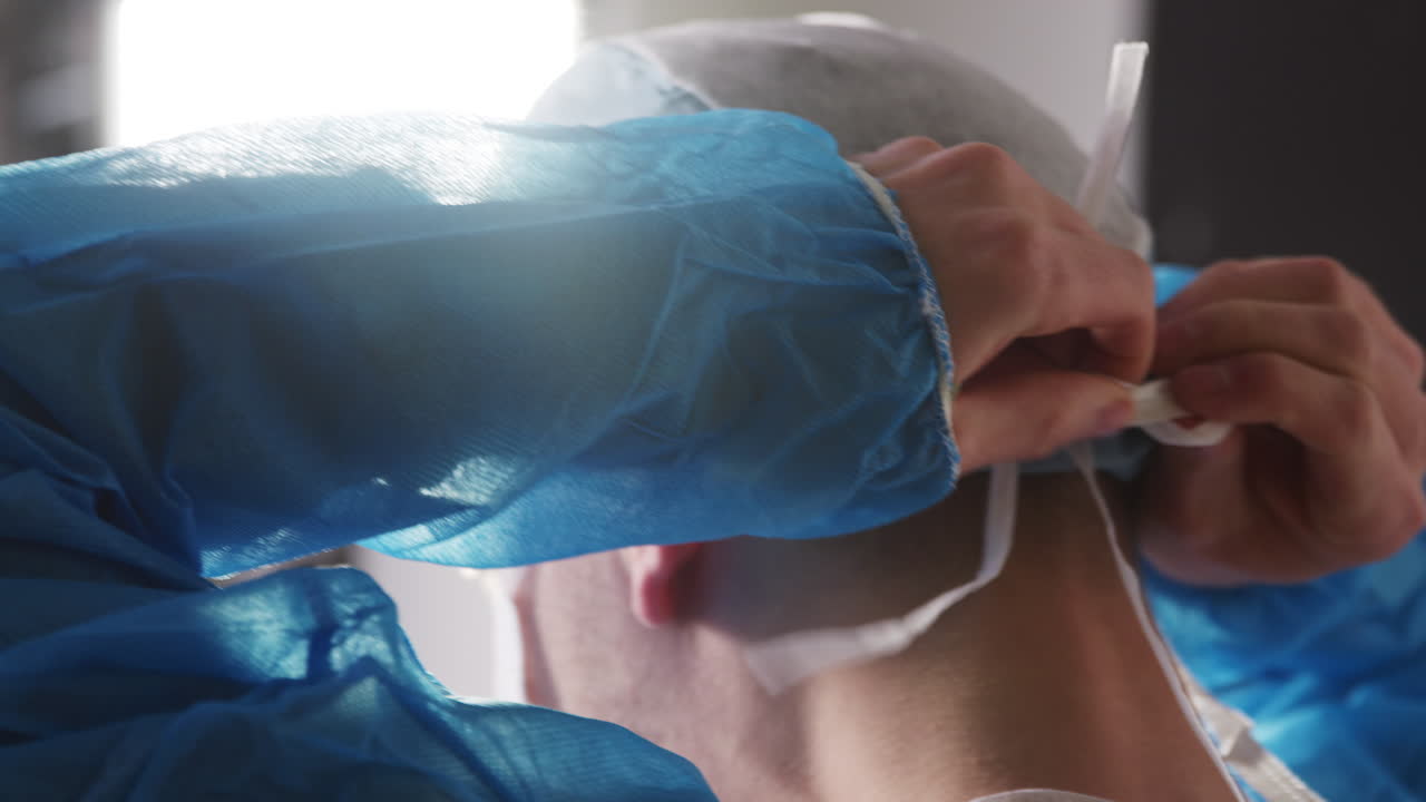 cirujano atando la gorra quirúrgica antes de la cirugía, vista de atrás
