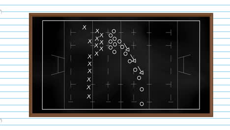 Animation-of-x,-arrows-and-circles-symbols-on-sports-court-over-lines-against-white-background