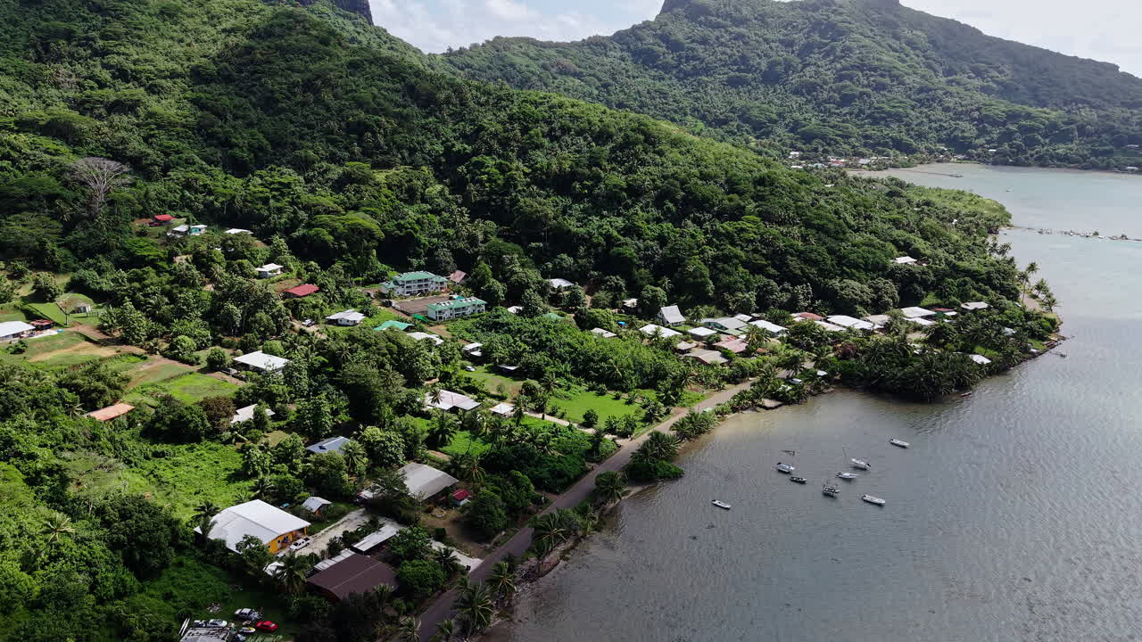 Bora Bora Island Coast, French Polynesia. Drone View of Green Hills, Hoses Along Coastal Road