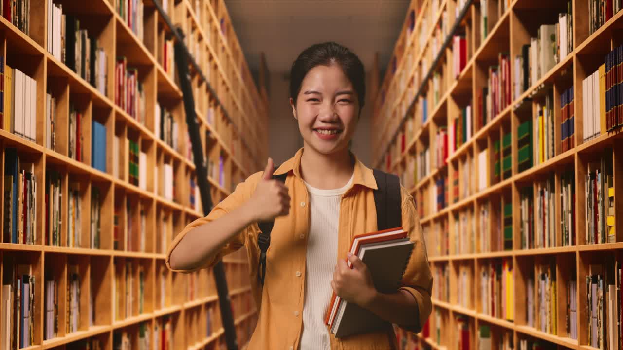 estudiante asiática con una mochila y algunos libros sonriendo y mostrando los pulgares hacia arriba gesto a la cámara mientras estaba de pie en la biblioteca