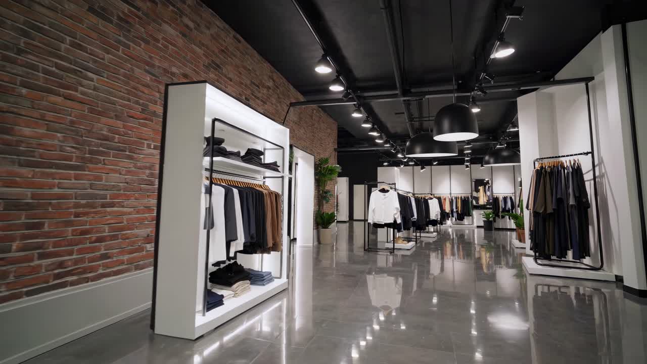 Wide-angle shot of a modern clothing store interior, showcasing sleek, minimalist design with neatly