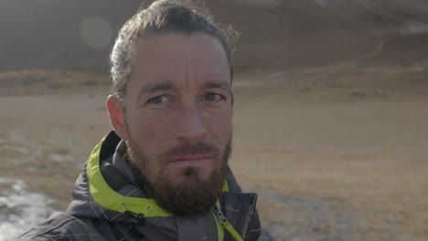 Explorer in Iceland&#039;s rugged terrain. Close Up portrait