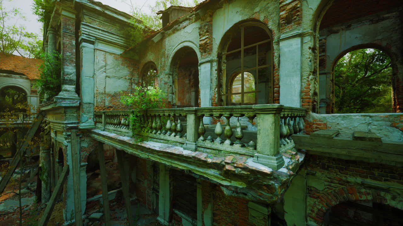Ruins of a historic european mansion entwined with natures reclaiming vines