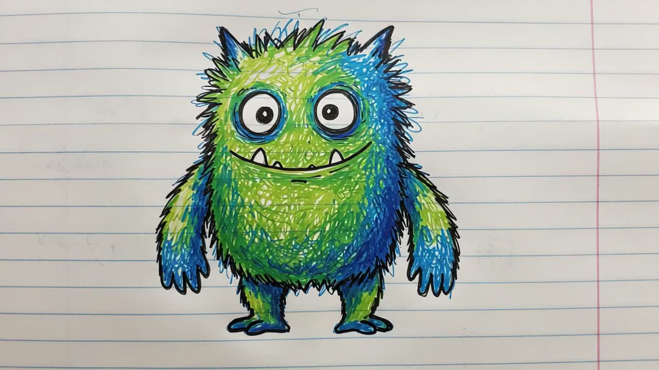 Vibrantly Illustrated Monster Character on Lined Paper: A Brightly Colored and Whimsical Creature with Distinct Features and Playful Expression Captured in Art