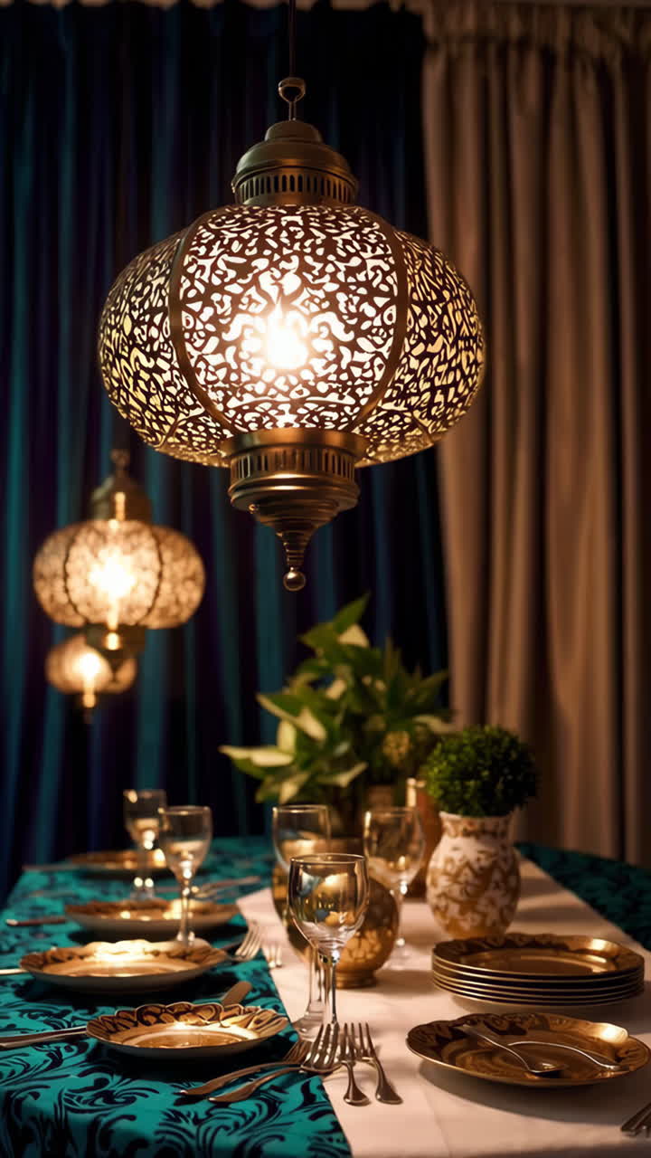 Moroccan-themed Dining Table Setting with Hanging Lamps