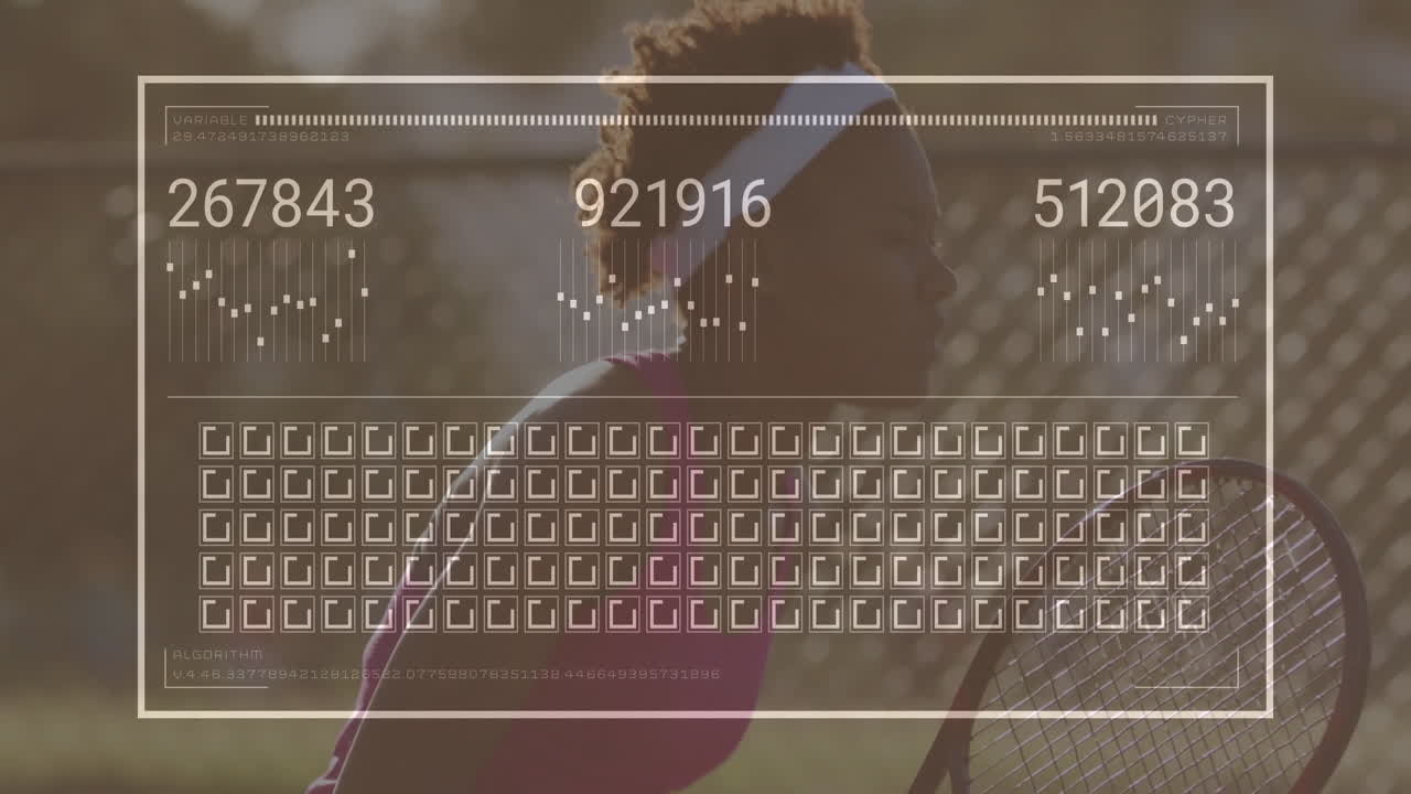 female tennis player swinging racket on court, with floating HUD overlay showing sports data