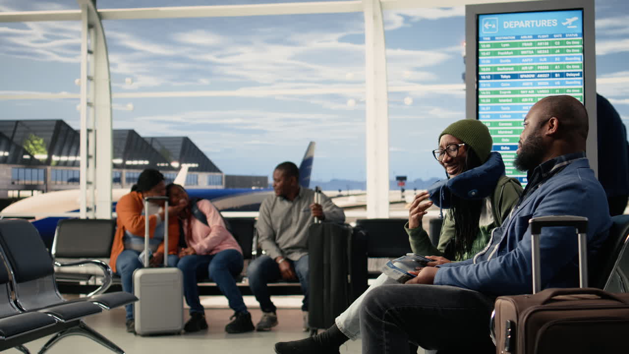 Black couple on holiday sitting together in an airport lounge area