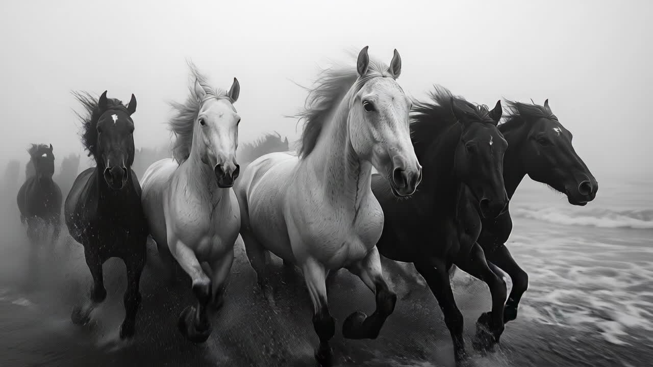 Horses running on the beach during a foggy day near the ocean shoreline with waves crashing