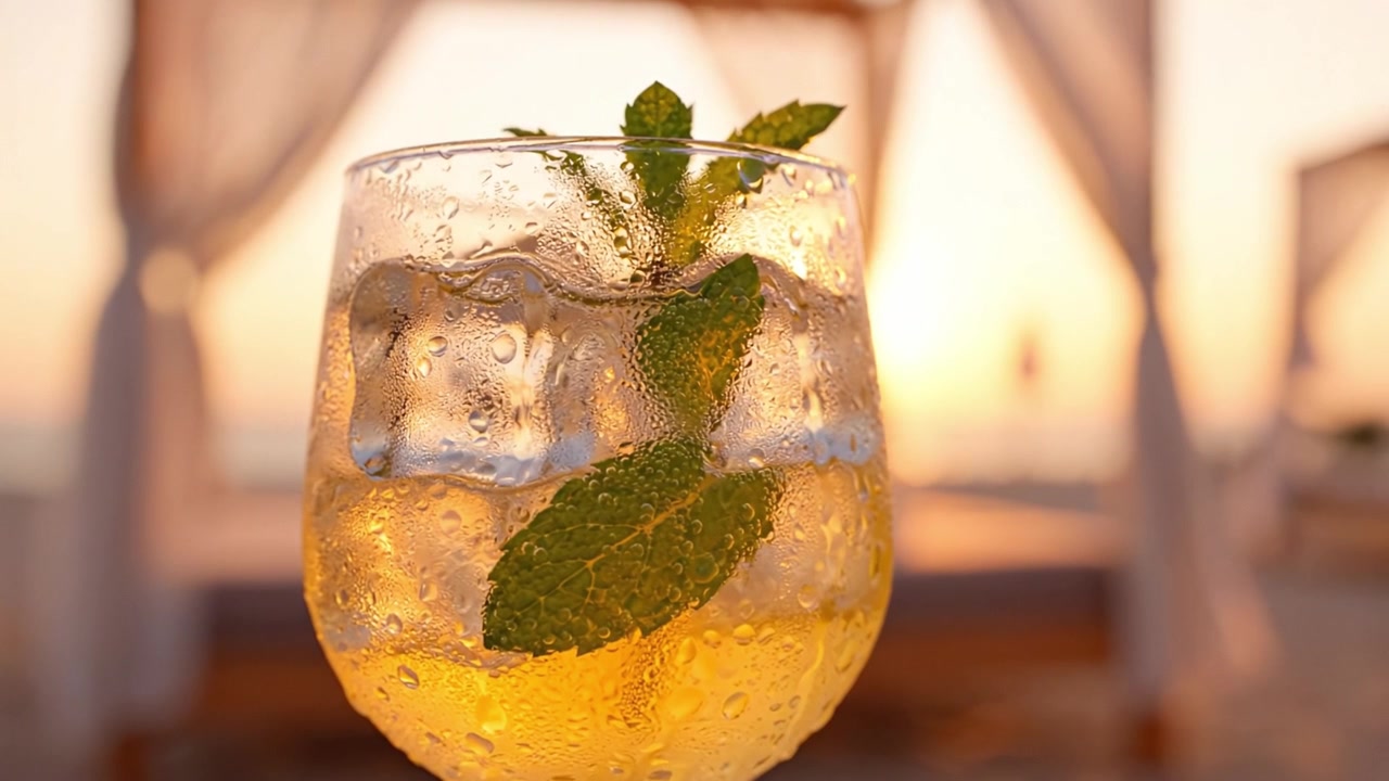 En forfriskende sommercocktail med mynteblade og is, der glitrer mod en smuk solnedgangsbaggrund, fremkalder afslapning og tropiske stemninger ved stranden.