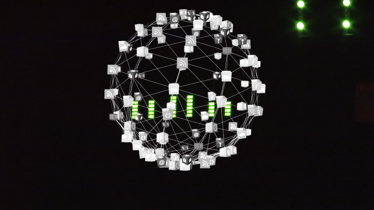 Animation of globe with icons over graphic music equalizer