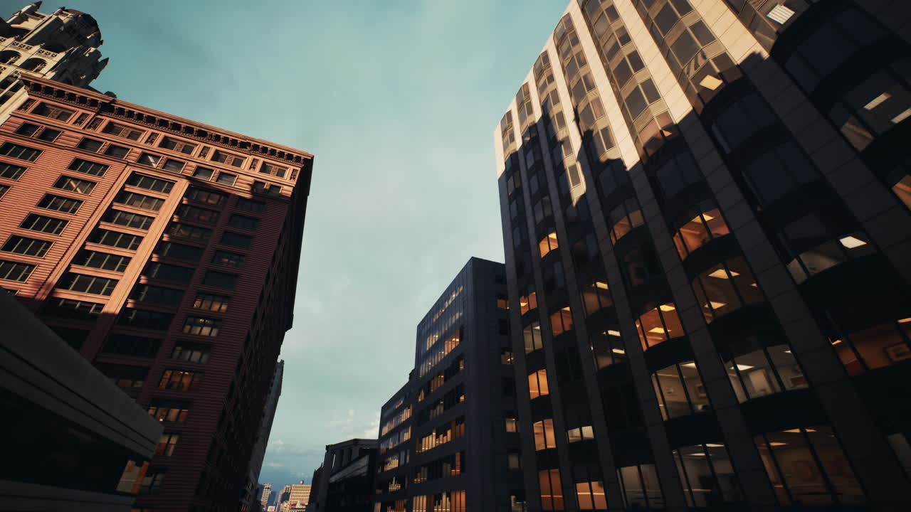 Paisaje urbano al anochecer: calle de la ciudad al atardecer con ventanas iluminadas y actividad bulliciosa