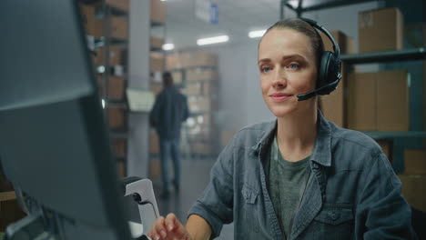 empleado del almacén en la computadora con auriculares