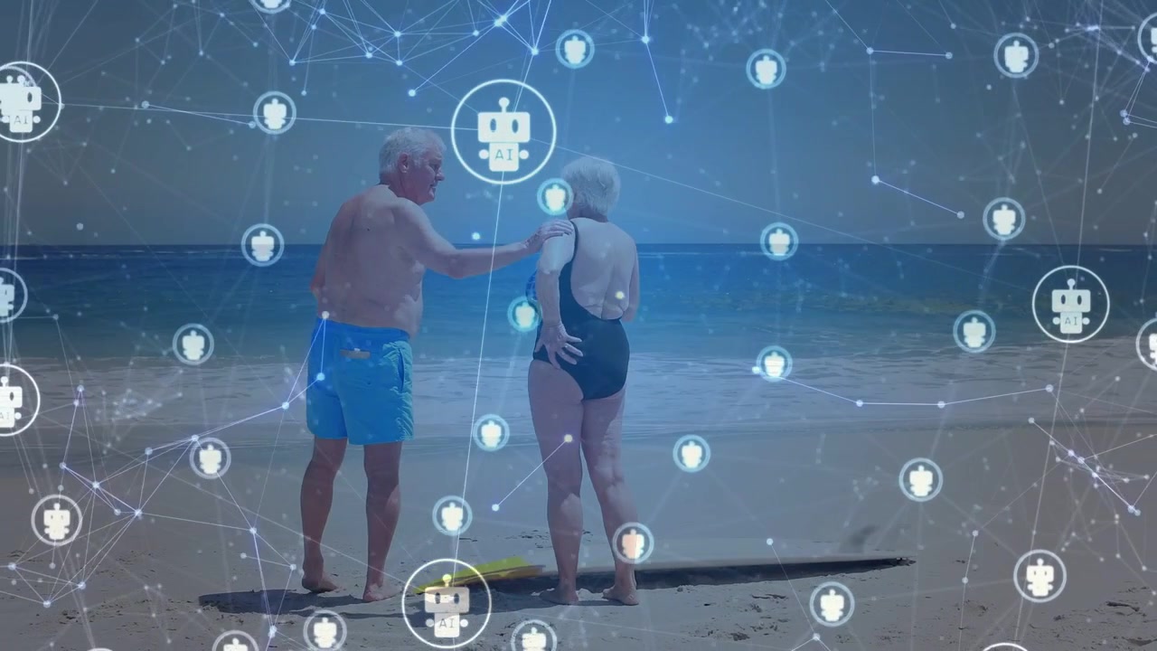 Uomo che indica e tocca la spalla, coppia che cammina verso una lavagna, sovrapposizione tecnologica con icone di robot.