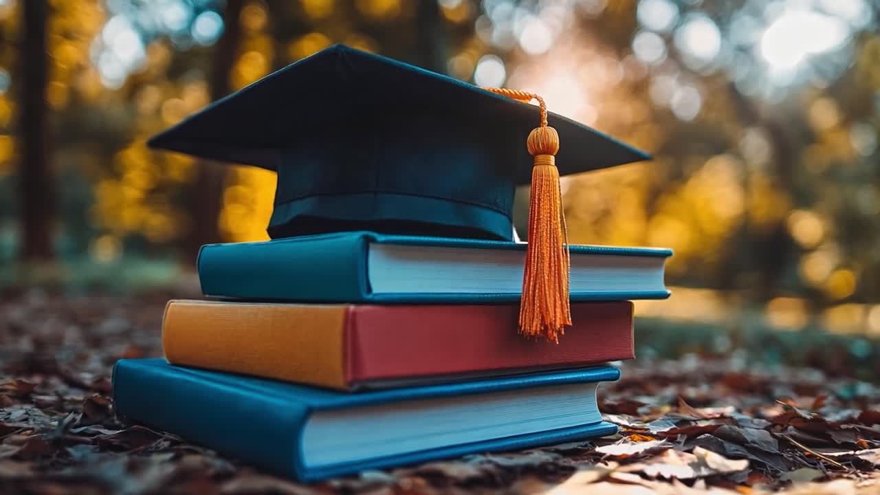Graduation cap on stack of books in autumn setting