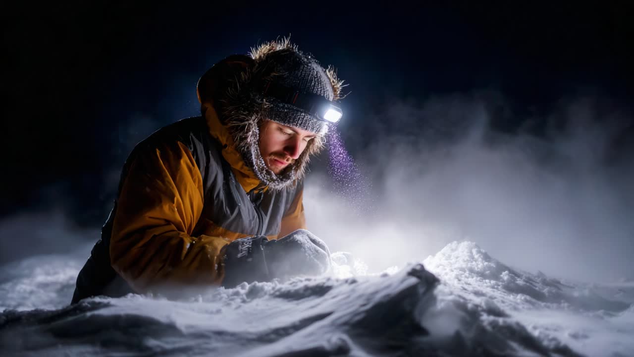 A person illuminated by a headlamp diligently working in a snow-covered landscape during night, showcasing determination in extreme cold weather conditions