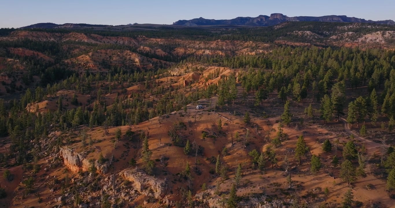 Flygpanorama över tallskogsbeklädda dalar och sandstensåsar i Dixie National Forests landskap i Utah, drönarvy.