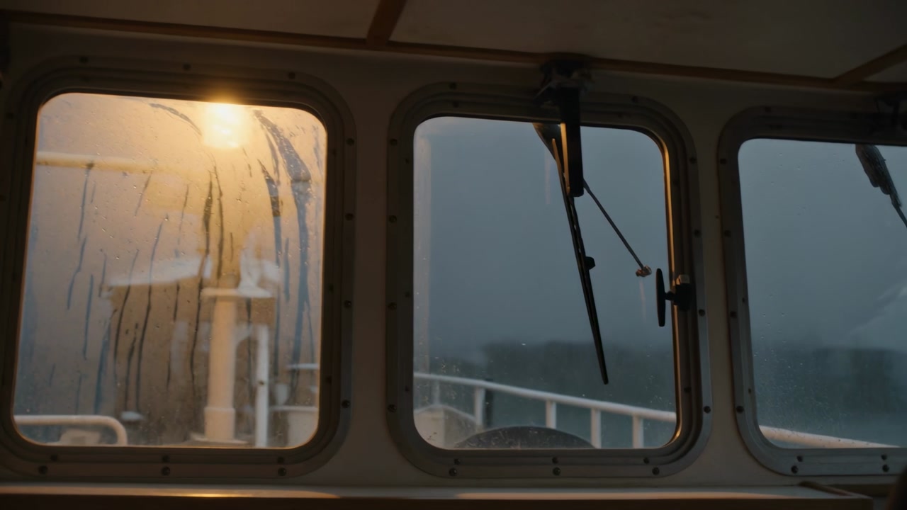 Wiping three forward windows in wheelhouse, windshield wipers clearing rain after heavy spray
