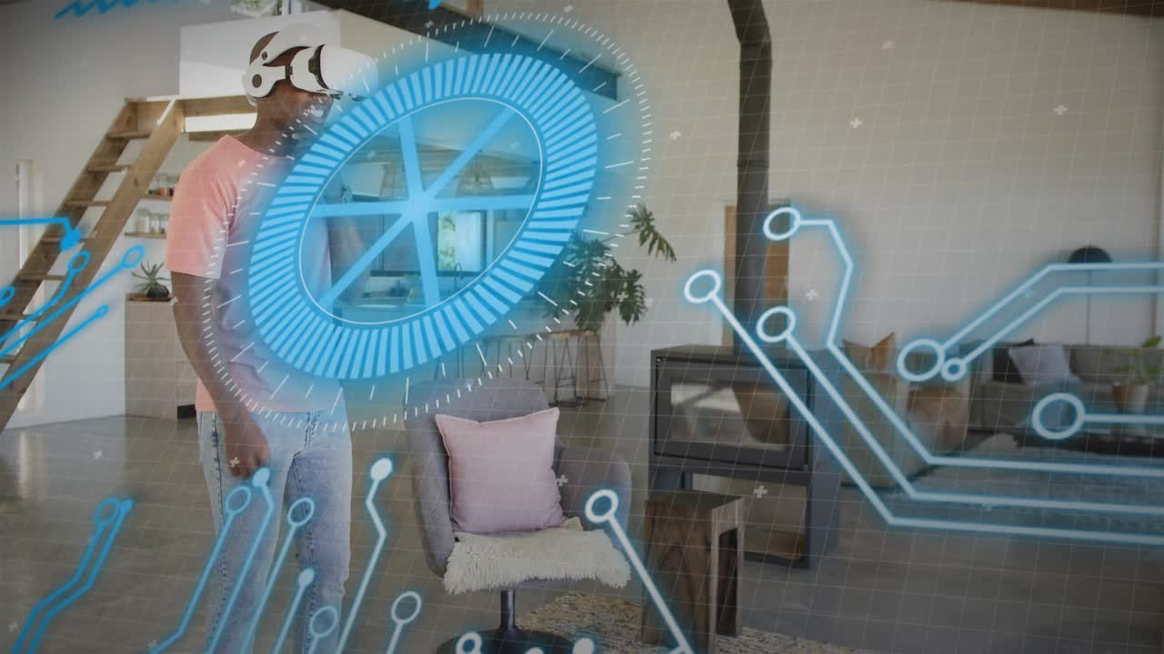 Man wearing AR headset adjusting and activating expanding blue hologram, manipulating home tech