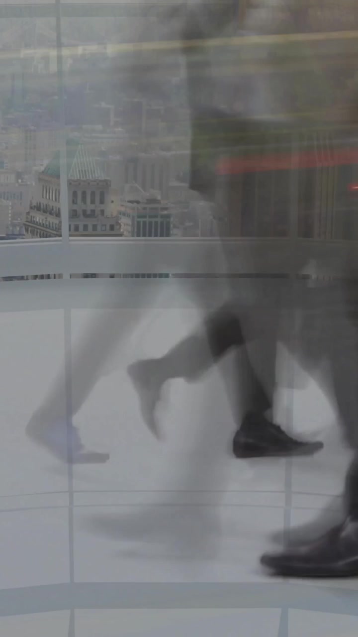People walking in modern cityscape with transparent data processing animation