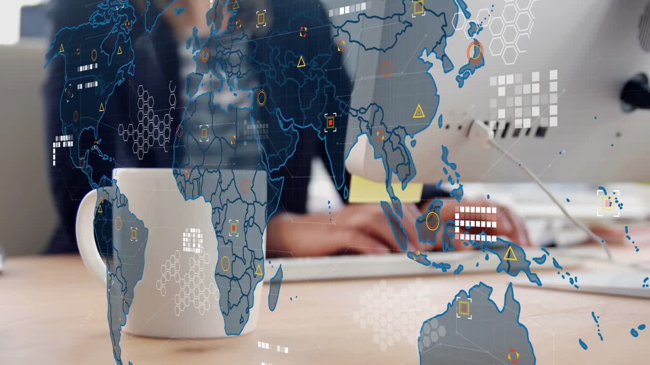 Woman typing at desk, white mug front, world map fading with moving icons visualizing tech data