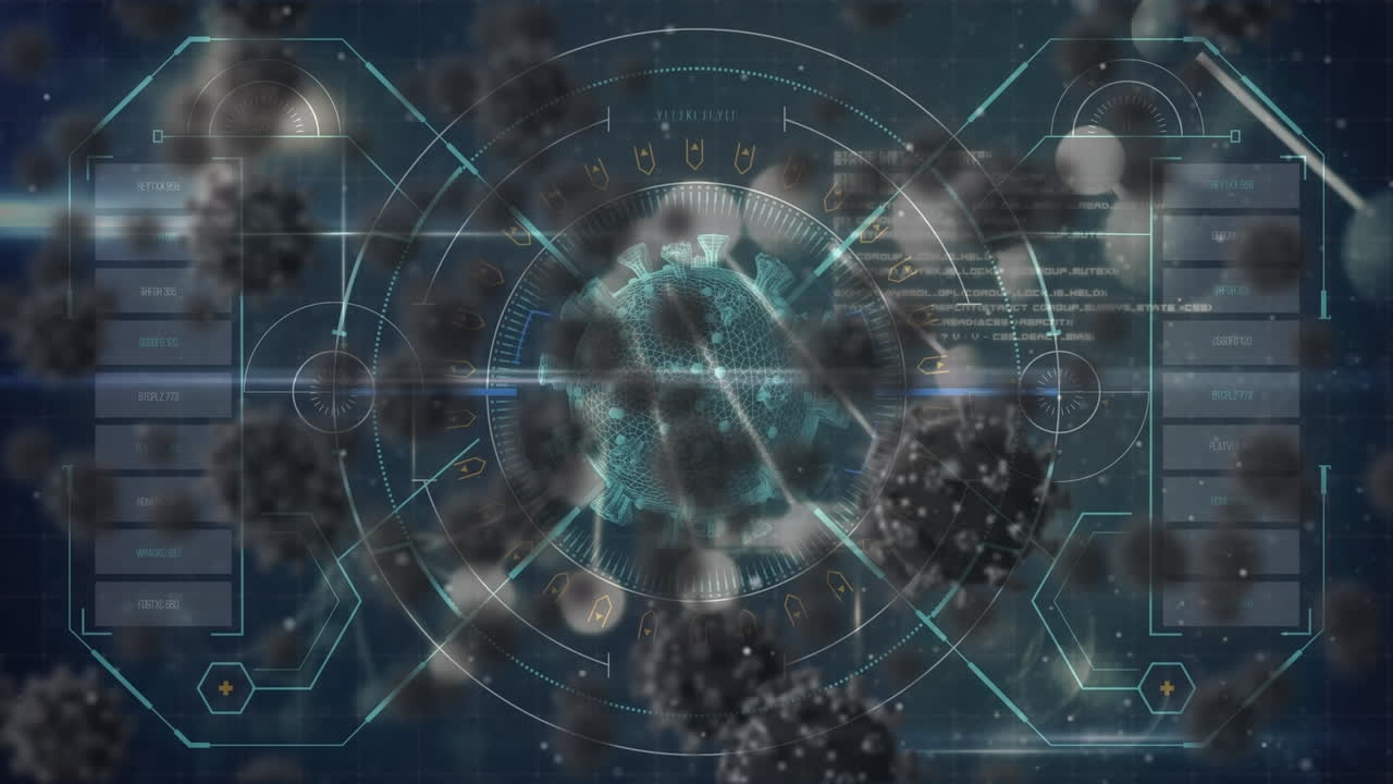 animación de células de covid 19 y procesamiento de datos sobre cadena de adn