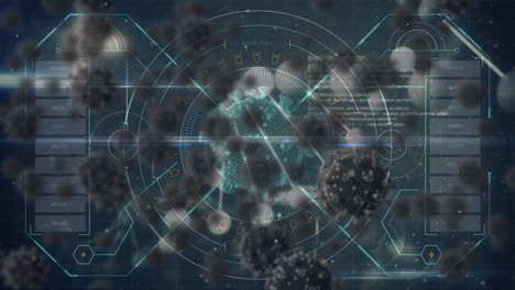 animación de células de covid 19 y procesamiento de datos sobre cadena de adn