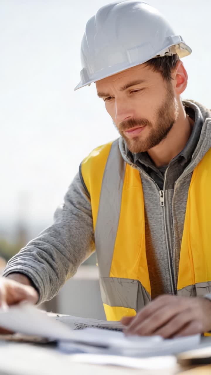 Focused Construction Worker Reviewing Blueprints and Documents Under Bright Sun, Wearing Safety Gear, Captured in Two Key Frames of Professional Activity