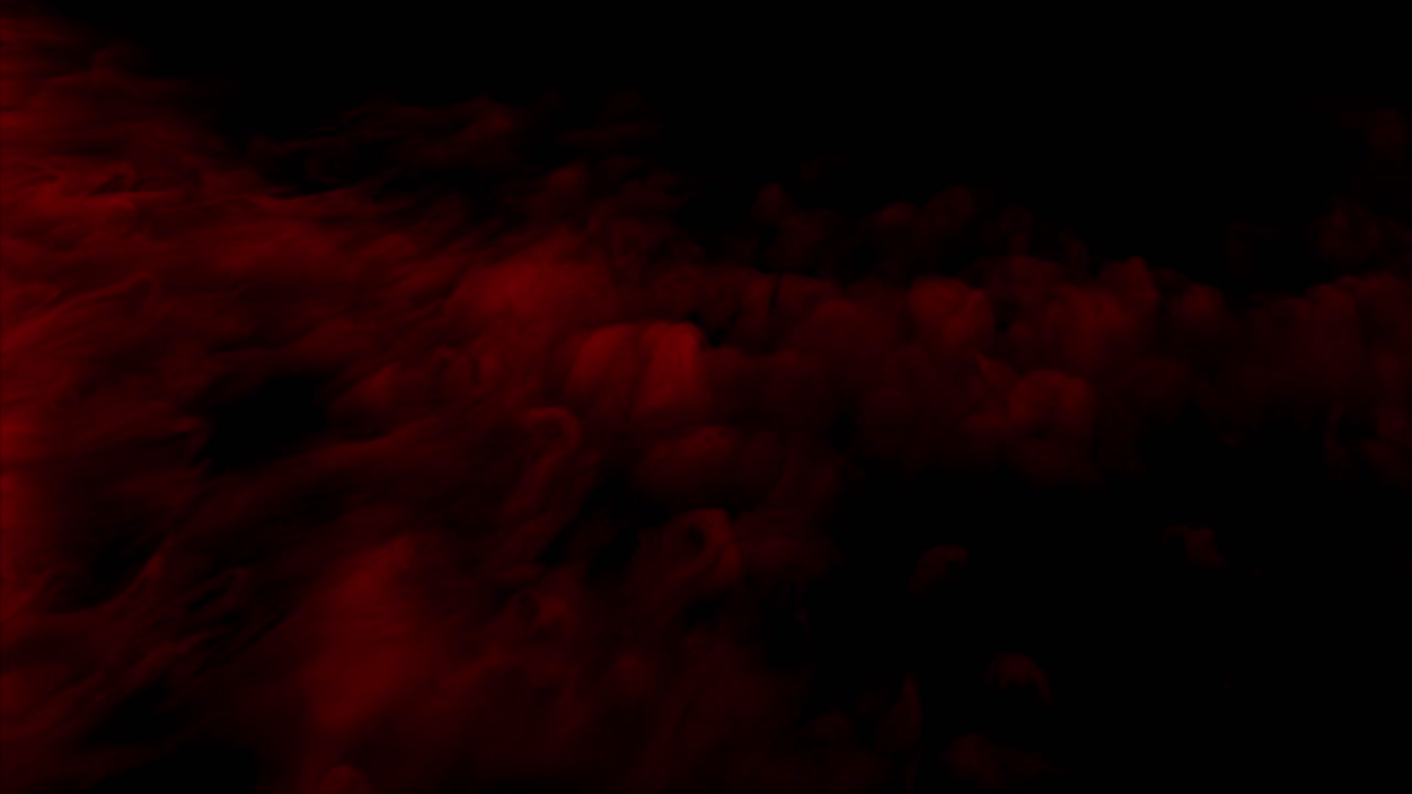 Billowing clouds of thick red smoke or fog move slowly across frame. Atmospheric abstract background for mystery, horror, or dramatic concepts. Seamless loop, isolated on black