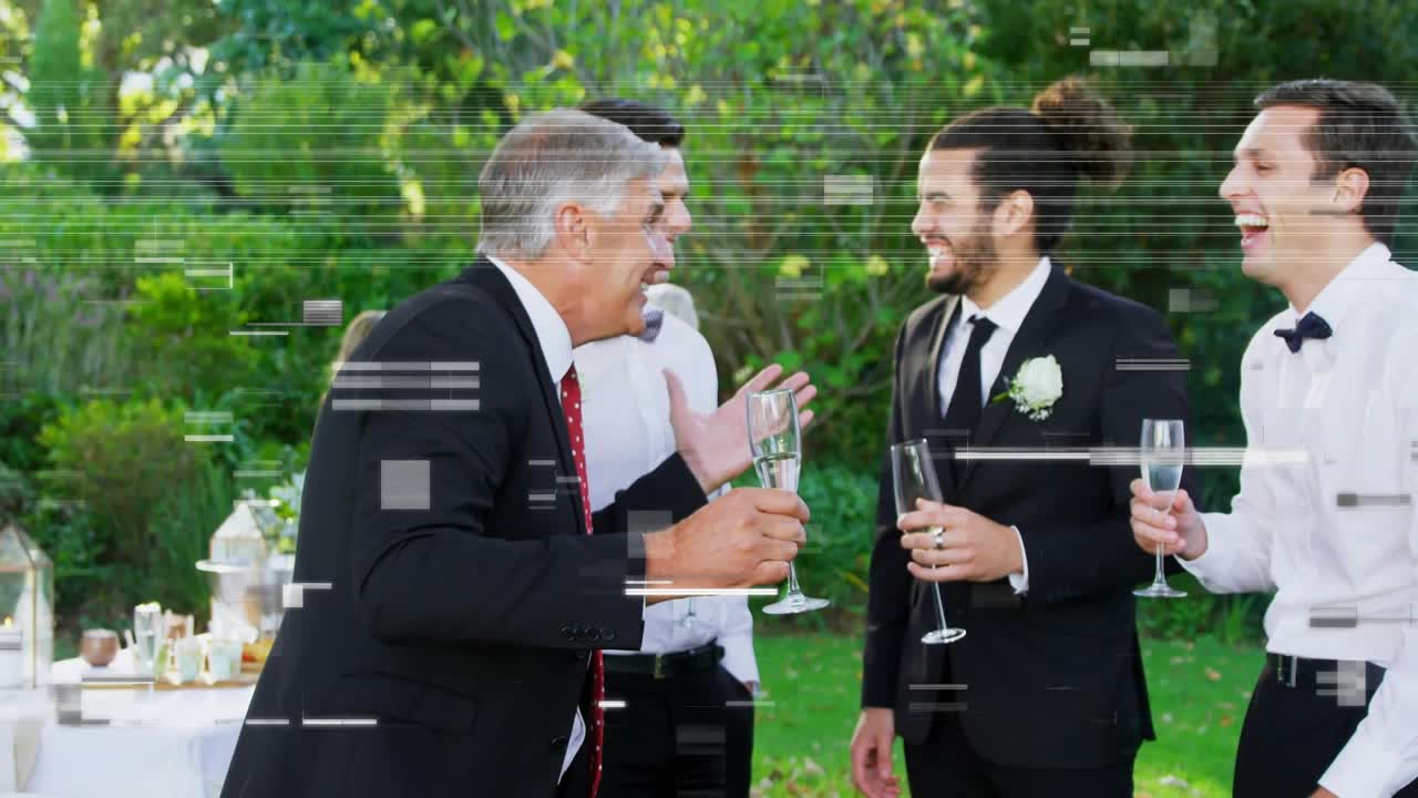 Mature man raising flute, giving toast to groom, groomsmen at wedding, scanlines overlaying group