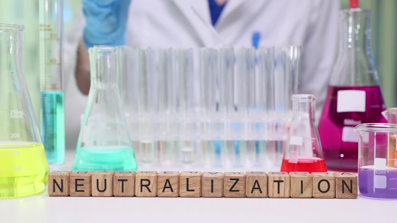 A laboratory setting with chemical glassware and the word NEUTRALIZATION spelled out in wooden blocks