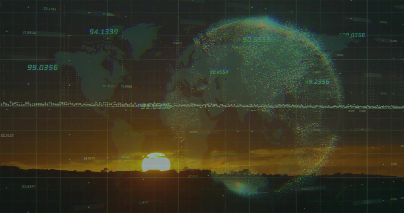 Sunset sinking causing grid glowing labels appearing while globe rotating visualizing global data