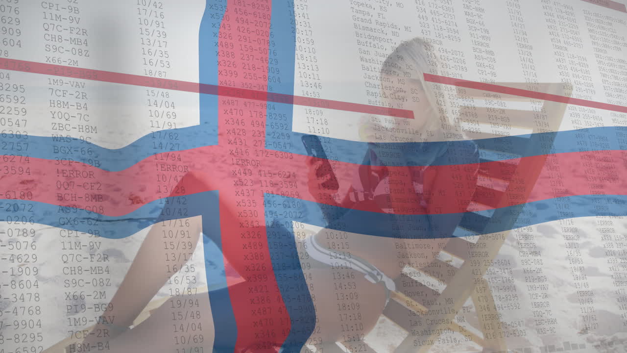 In office, woman working at desk with Faroe Islands flag animation overlay