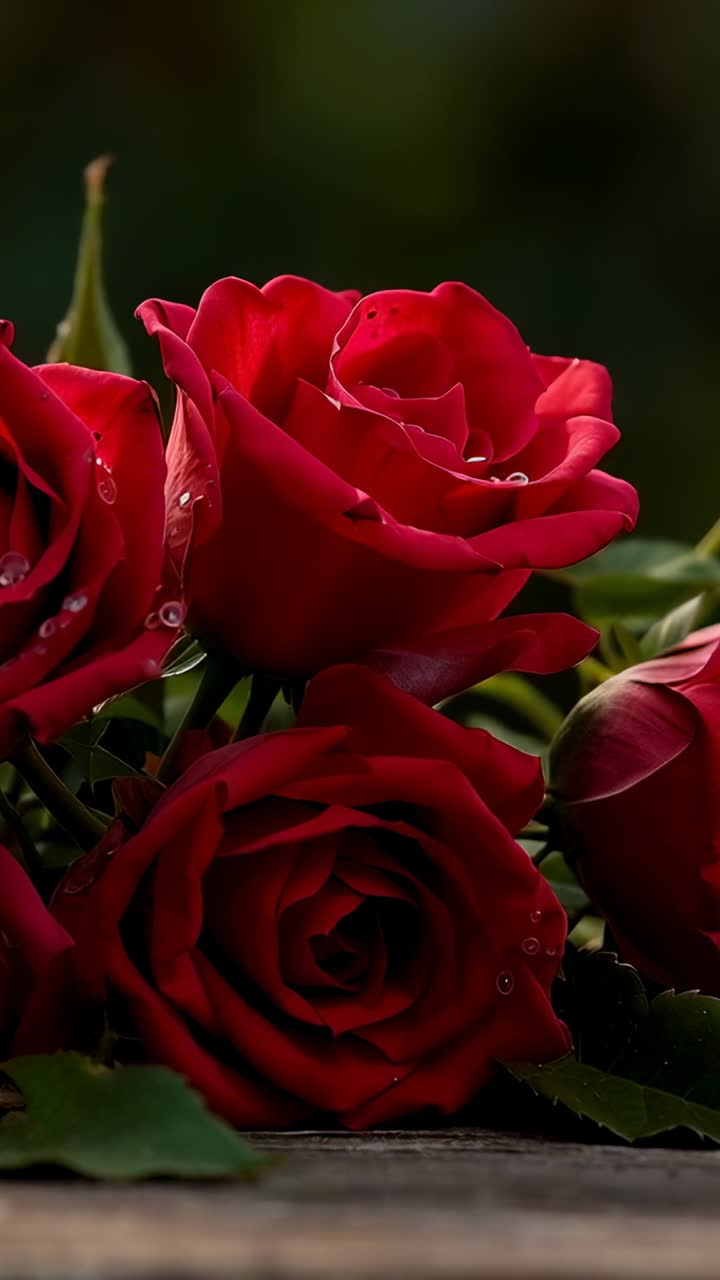 Vídeo vertical: movimiento de cámara que muestra rosas de color rojo intenso con un capullo a la derecha sobre madera desgastada y rocío brillante